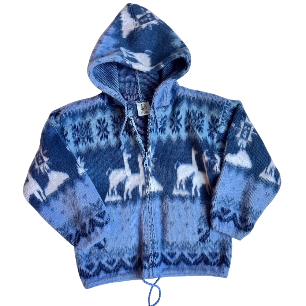Aly Marka 100% Wool Blue Llama Snowflake Zip Hooded‎ Sweater Kids Size 6